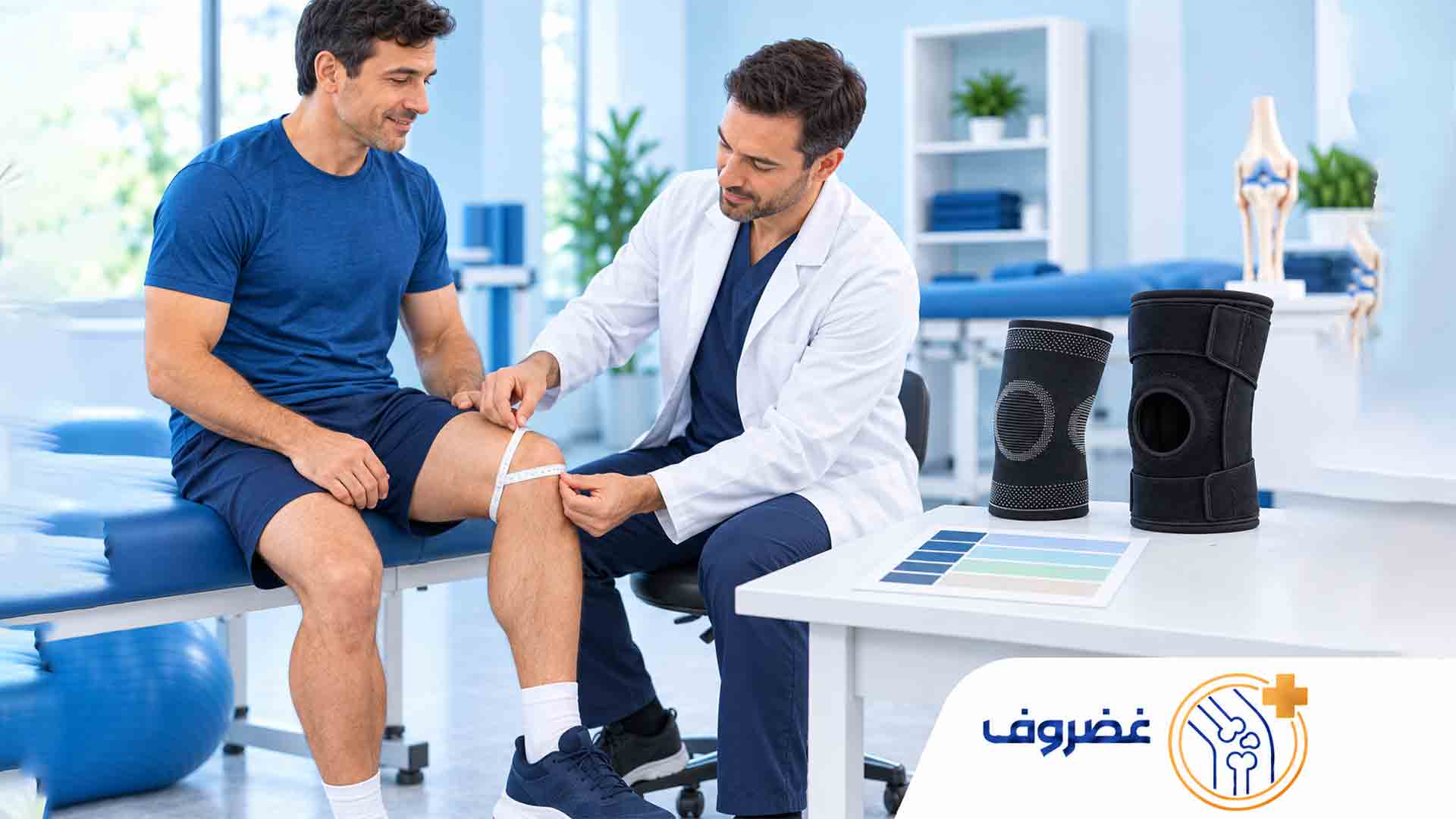 پزشک با متر پارچه‌ای دور زانوی بیمار را اندازه می‌گیرد تا سایز مناسب زانوبند طبی انتخاب شود