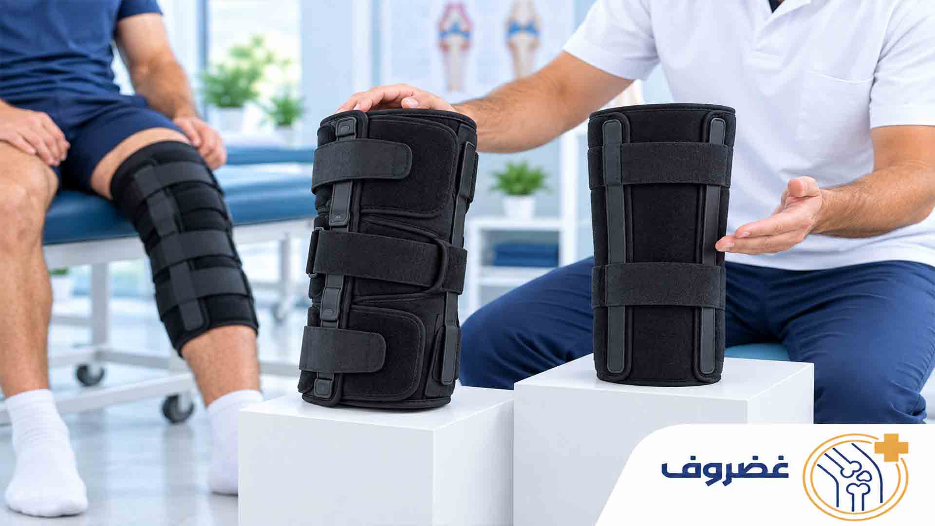 دو مدل زانوبند ایموبلایزر برای بی‌حرکت‌سازی زانو بعد از جراحی در کنار بیمار نشسته