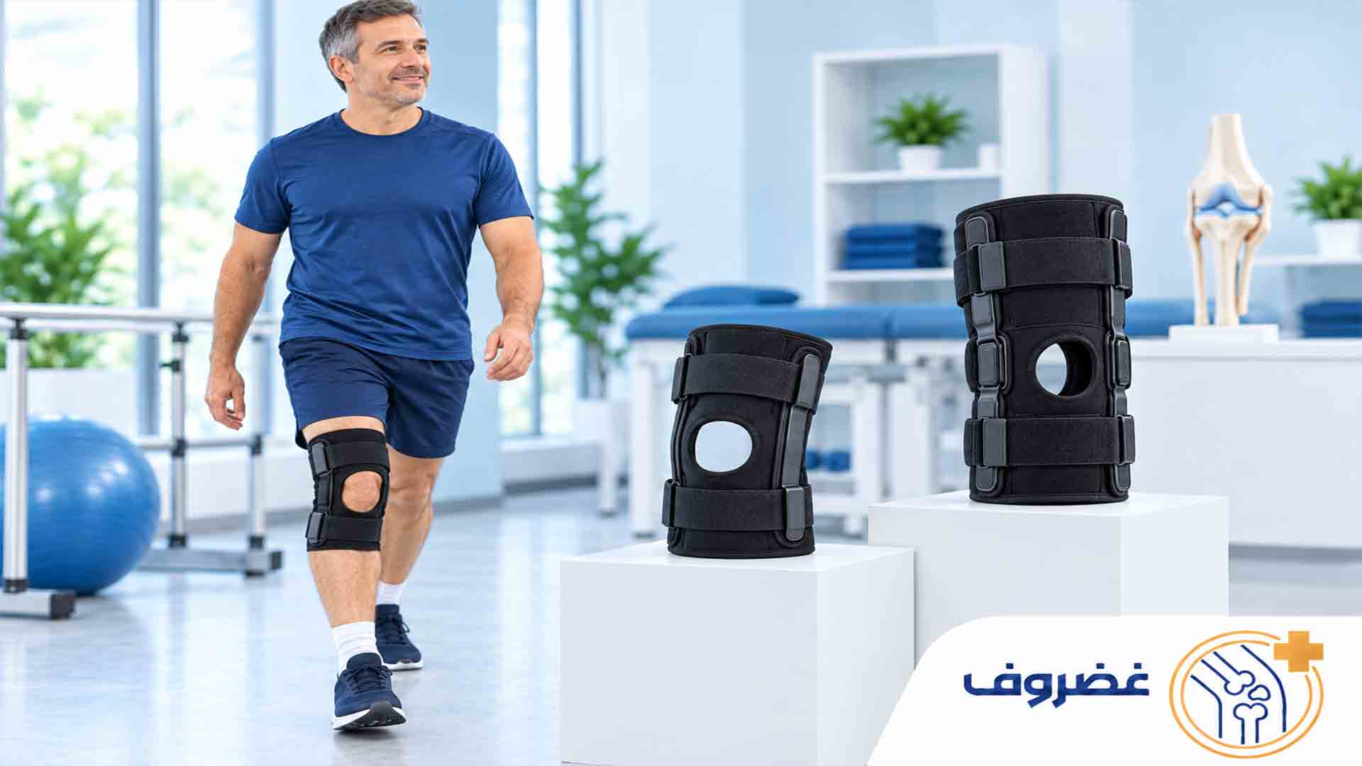 مرد میانسال در حال راه رفتن با زانوبند مفصل‌دار دارای روزنه کشکک زانو