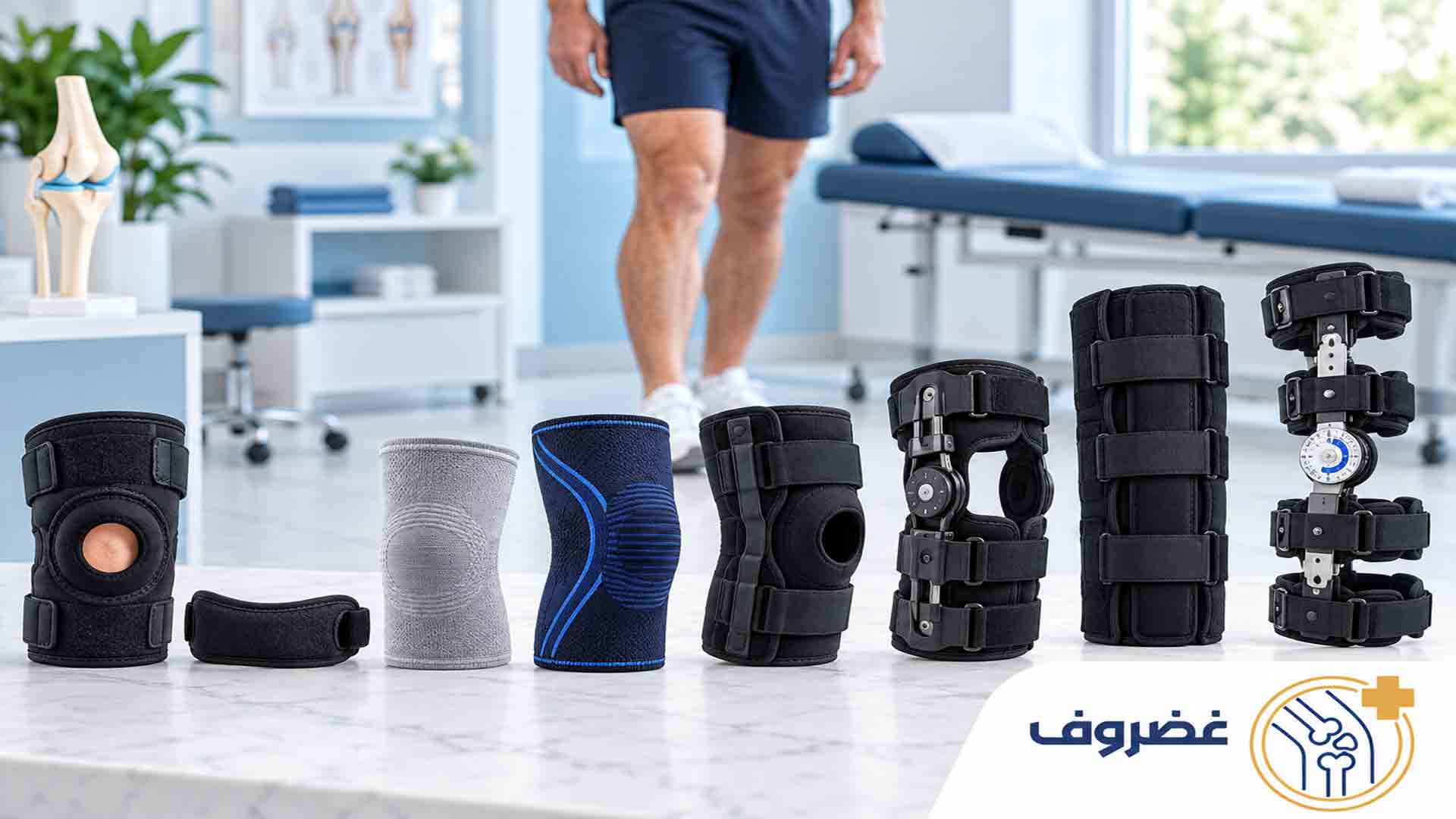 مقایسه چند مدل مختلف زانوبند طبی شامل انواع فنری، مفصل‌دار و ایموبلایزر روی میز