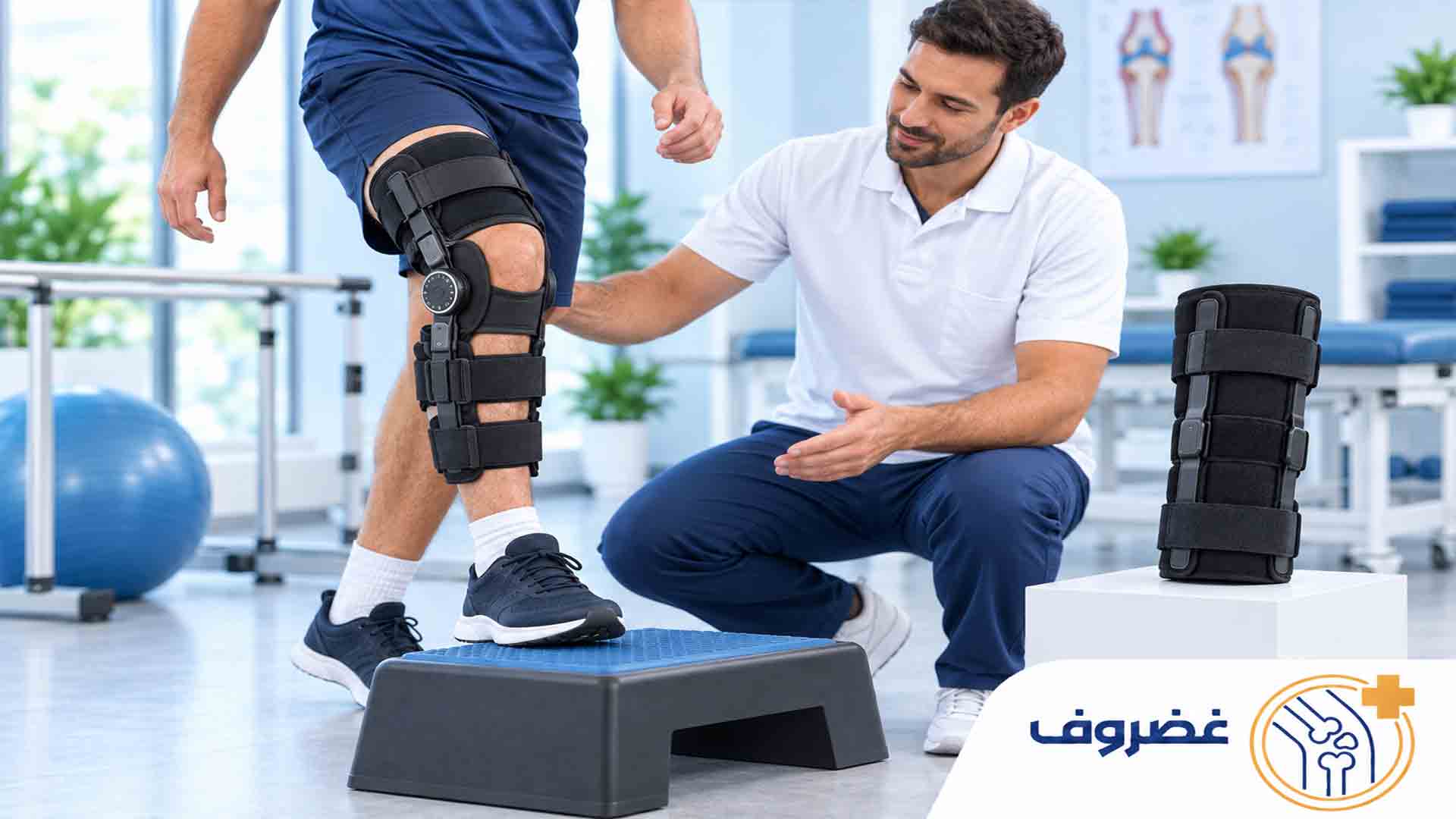 تمرین بازتوانی زانو با زانوبند مفصل‌دار قابل تنظیم زیر نظر فیزیوتراپیست
